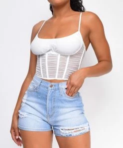 Emprada Tops Elva White Mesh Ruched Cage Corset Top