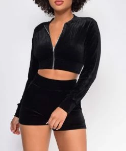 Emprada Loungewear Tempted To Touch Black Velour Crop Hoodie Shorts Set
