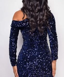 Emprada Dresses Alessia Navy Blue Off Shoulder Sequin Dress