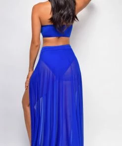 Emprada Skyros Royal Blue Mesh Maxi Wrap Cover-up Skirt Formal Dresses