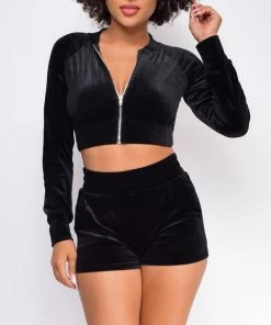 Emprada Loungewear Tempted To Touch Black Velour Crop Hoodie Shorts Set
