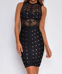 Emprada Dresses Kenadee Black Studded Mesh Bandage Dress