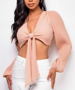 Emprada Giada Pink Front Tie Crop Top Tops