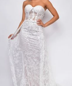 Emprada Inverness Strapless Floral Applique Tulle Overskirt Bridal Gown