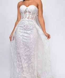 Emprada Inverness Strapless Floral Applique Tulle Overskirt Bridal Gown