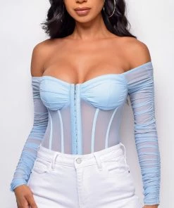 Emprada Tops Vieve Blue Mesh Corset Bodysuit