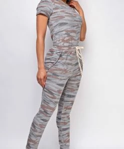 Emprada Lana Grey Brown Camo Off Shoulder Jumpsuit Loungewear