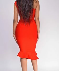 Emprada Luna Red Asymmetric Ruffle Bottom Bandage Dress