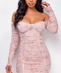 Emprada Dresses Manali Pink Floral Print Ruched Dress