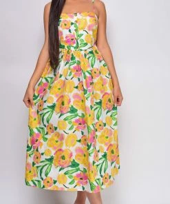 Emprada Delos Yellow Floral Tie Back Waist Midi Dress Dresses