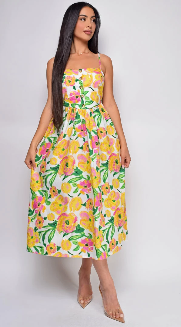 Emprada Delos Yellow Floral Tie Back Waist Midi Dress Dresses 1 Emprada Delos Yellow Floral Tie Back Waist Midi Dress Dresses