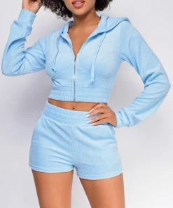Emprada Loungewear Just The Two Of Us Sky Blue French Terry Crop Hoodie Shorts Set