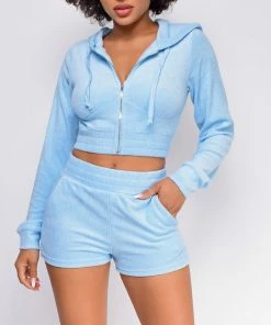 Emprada Loungewear Just The Two Of Us Sky Blue French Terry Crop Hoodie Shorts Set