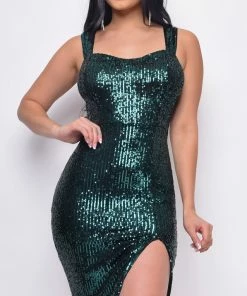 Emprada Arista Green Sequin Sweetheart Neck Side Slit Midi Dress