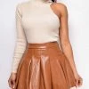 Emprada Ruth Camel Brown Pleated PU Leather Skirt