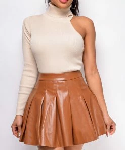 Emprada Ruth Camel Brown Pleated PU Leather Skirt