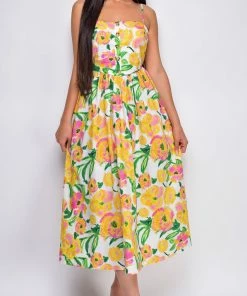 Emprada Delos Yellow Floral Tie Back Waist Midi Dress Dresses 5 Emprada Delos Yellow Floral Tie Back Waist Midi Dress Dresses