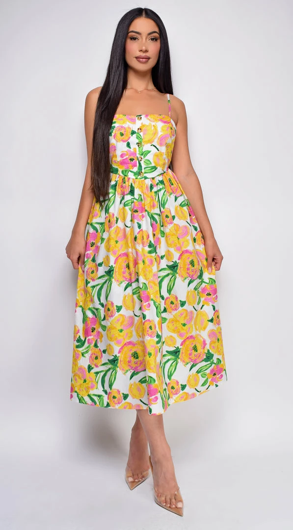 Emprada Delos Yellow Floral Tie Back Waist Midi Dress Dresses 3 Emprada Delos Yellow Floral Tie Back Waist Midi Dress Dresses