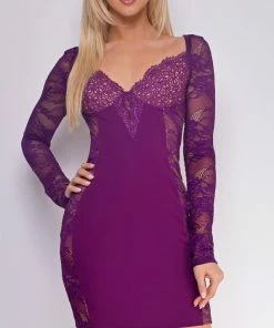 Emprada Vivi Purple Lace Long Sleeve Midi Dress