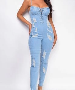 Emprada Alicia Blue Distressed Lace Up Denim Jumpsuit