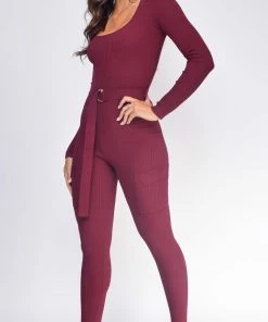 Emprada Nichol Burgundy Red Cargo Pocket Ribbed Jumpsuit Jumpsuits & Rompers