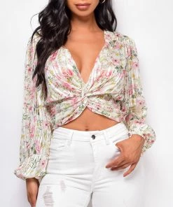 Emprada Tops Zeta White Floral Pleated Knot Top