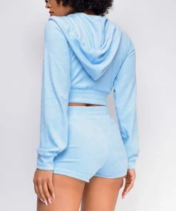Emprada Loungewear Just The Two Of Us Sky Blue French Terry Crop Hoodie Shorts Set