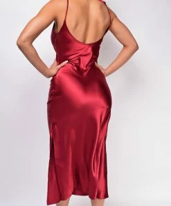 Emprada Lavinia Burgundy Red Satin Midi Dress Dresses