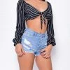 Emprada Tops Macyn Black Stripe Tie Long Sleeve Crop Top