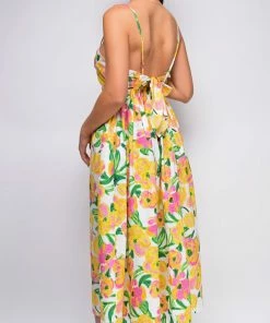 Emprada Delos Yellow Floral Tie Back Waist Midi Dress Dresses