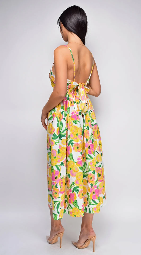 Emprada Delos Yellow Floral Tie Back Waist Midi Dress Dresses 2 Emprada Delos Yellow Floral Tie Back Waist Midi Dress Dresses