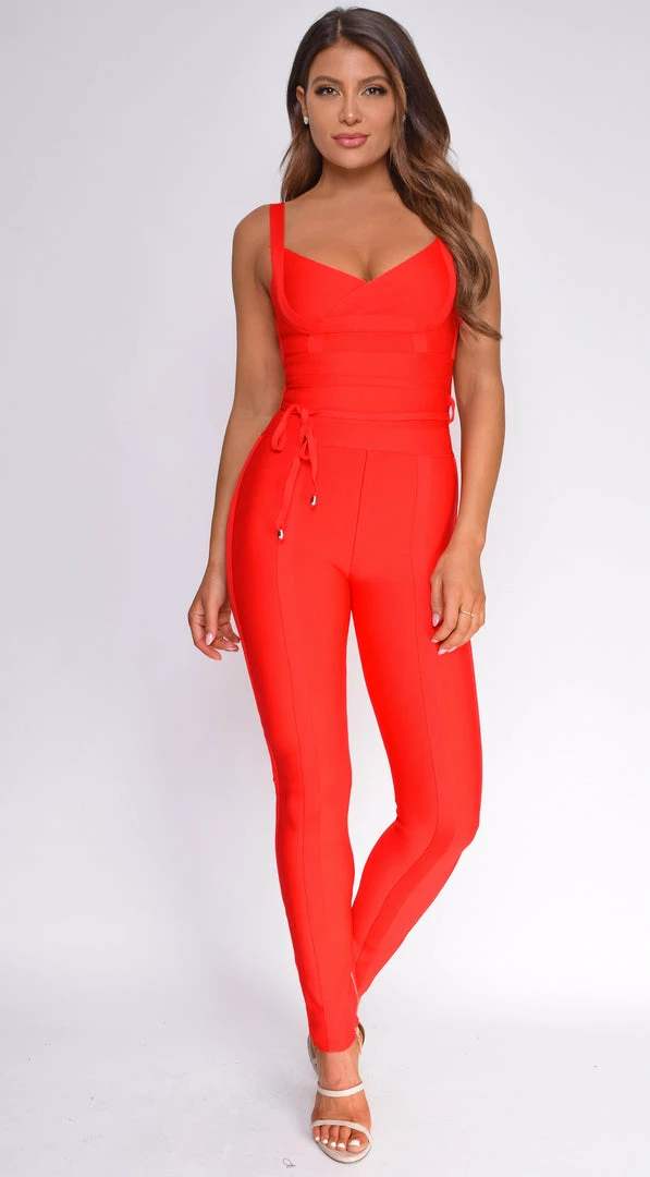 Emprada Jumpsuits & Rompers Elmirah Red Waist Cinching Bandage Jumpsuit 1 Emprada Jumpsuits & Rompers Elmirah Red Waist Cinching Bandage Jumpsuit