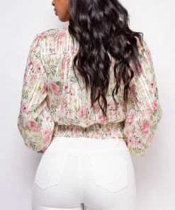 Emprada Tops Zeta White Floral Pleated Knot Top 4 Emprada Tops Zeta White Floral Pleated Knot Top