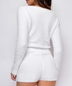 Emprada White Dresses Yazmin White Fuzzy V Neck Sweater And Shorts Set