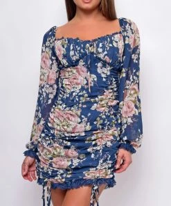 Emprada Soluna Blue Floral Chiffon Ruched Mini Dress Dresses