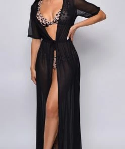 Emprada Milos Black Mesh Drawstring Open Front Cover-up Dress