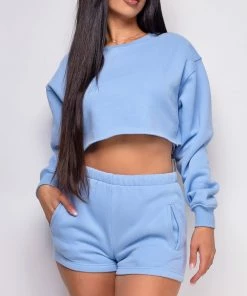 Emprada Blue Dresses Cozy Up Blue High Waist Shorts & Crop Sweater Lounge Set
