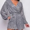 Emprada Anja Silver Sequin Wrap Over V Neck Long Sleeve Romper