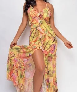 Emprada Stella Yellow Floral Print Maxi Dress Dresses