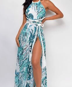Emprada Aaliyah White Blue Tropical Print Braided Maxi Dress