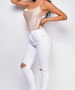 Emprada Jolie Nude Beige Cowl Neck Satin Bodysuit