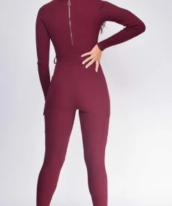 Emprada Nichol Burgundy Red Cargo Pocket Ribbed Jumpsuit Jumpsuits & Rompers