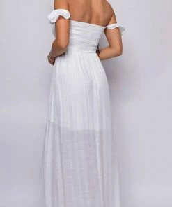 Emprada Lagos White Off Shoulder Boho Smocked Maxi Dress