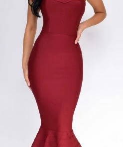 Emprada Antonia Burgundy Red Strapless Fluted-Hem Bandage Dress