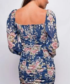 Emprada Soluna Blue Floral Chiffon Ruched Mini Dress Dresses