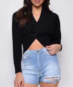 Emprada Ophelia Black Knitted Long Sleeve Front Wrapped Crop Sweater Tops