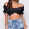 Emprada Tops Isabelle Black Satin Off Shoulder Crop Top