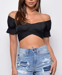 Emprada Tops Isabelle Black Satin Off Shoulder Crop Top