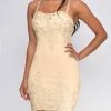 Emprada Leela Cream Beige Scalloped Embroidered Mesh Dress Dresses