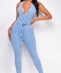 Emprada Jumpsuits & Rompers Aline Blue Plunge Surplice Denim Jumpsuit